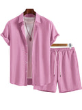 Men's Solid Color Lapel Short-Sleeve Shirt And Shorts Set