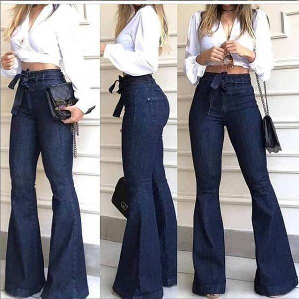 Denim Tie Waist Bell Bottom Jeans