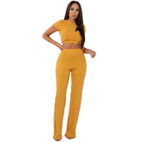 Women knitted long sleeve crop top and wide leg pants