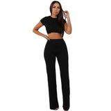 Women knitted long sleeve crop top and wide leg pants