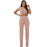 Women knitted long sleeve crop top and wide leg pants