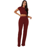 Women knitted long sleeve crop top and wide leg pants
