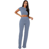 Women knitted long sleeve crop top and wide leg pants
