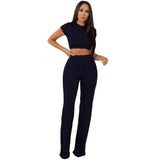 Women knitted long sleeve crop top and wide leg pants