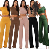 Women knitted long sleeve crop top and wide leg pants